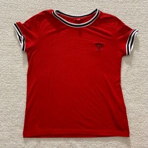 Guess Red T-Shirt Retro Ringer Tee Black Logo Short Sleeve Top Size S